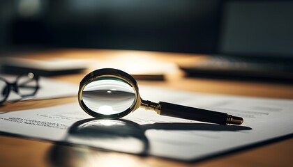 Wall Mural - Intense Business Analysis with Magnifying Glass Over Key Documents in a Dimly Lit Office