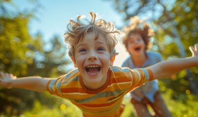 Sticker - A joyful young boy with his arms outstretched, laughing and playing outdoors. AI.