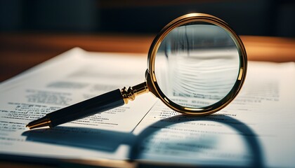 Wall Mural - Intense Business Analysis with Magnifying Glass Over Key Documents in a Dimly Lit Office