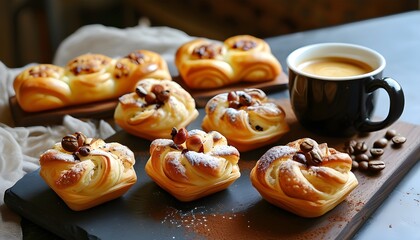 Delightful assortment of crispy pastries paired with steaming coffee mugs for a perfect breakfast experience