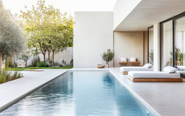 Modern outdoor living space featuring a tranquil swimming pool and lush greenery in a stylish residential home