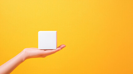 Poster - A hand holding white cube against vibrant yellow background creates striking visual contrast. This image evokes sense of simplicity and creativity