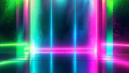 Wall Mural - Vibrant neon lights in green, blue, white, pink, and purple illuminating a glossy reflective stage in an abstract setting