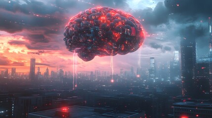 Poster - An illustration of an AI brain hovering above a city, with dark clouds swirling and glowing data streams flowing from it, creating an exciting yet fearful scene.