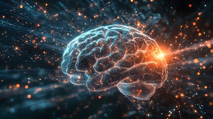 Poster - An abstract illustration of an AI brain expanding rapidly, with bright lights flashing as it takes over a network, creating fear and excitement.