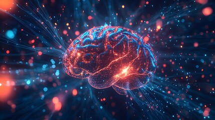 Poster - An abstract illustration of an AI brain expanding rapidly, with bright lights flashing as it takes over a network, creating fear and excitement.