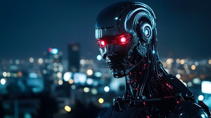 Poster - A close-up of a humanoid AI robot with glowing circuits, standing over a city in the dark, its red eyes and towering presence creating an exciting yet fearful mood.