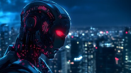 Poster - A close-up of a humanoid AI robot with glowing circuits, standing over a city in the dark, its red eyes and towering presence creating an exciting yet fearful mood.