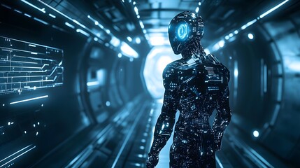 Aufkleber - A futuristic AI robot standing in a dark, high-tech room, its glowing circuits casting an ominous light over the scene, evoking fear and anticipation.