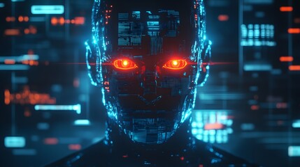 Aufkleber - A close-up of a humanoid AI figure with glowing red eyes standing in front of a digital interface, the intense light and dark background creating a sense of fear and excitement.
