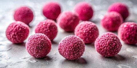 Poster - Selective focus on elegant pink raspberry beetroot truffles on a marble background