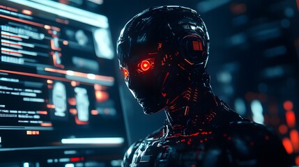 Aufkleber - A close-up of a humanoid AI figure with glowing red eyes standing in front of a digital interface, the intense light and dark background creating a sense of fear and excitement.