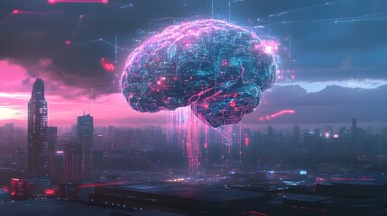 Aufkleber - An illustration of a giant AI brain made of circuits hovering over a city, with data streams flowing from it, creating a visually exciting but fear-inducing atmosphere.