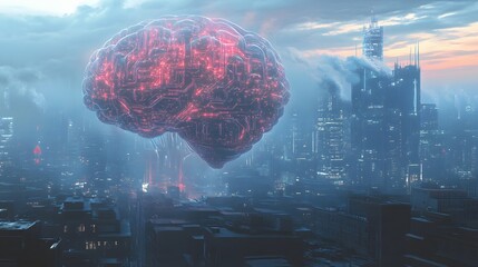 Aufkleber - An illustration of a giant AI brain made of circuits hovering over a city, with data streams flowing from it, creating a visually exciting but fear-inducing atmosphere.