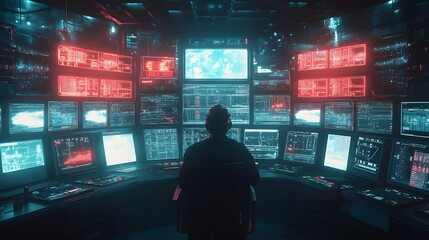 Poster - A dimly lit control room filled with AI systems, as a figure watches screens displaying flashing red warnings, capturing both the excitement and fear of technology taking control.