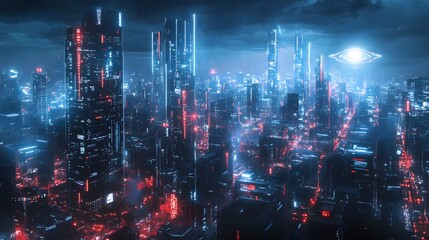Poster - A futuristic city illuminated by glowing AI data streams, with an ominous AI eye watching over, creating an exciting yet fearful mood.