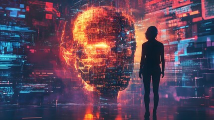 Poster - A photo of a human standing before a giant AI interface, overwhelmed by its glowing data and the sense of impending danger, creating a mood of fear and excitement.