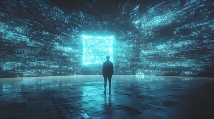 Poster - A photo of a human standing before a giant AI interface, overwhelmed by its glowing data and the sense of impending danger, creating a mood of fear and excitement.
