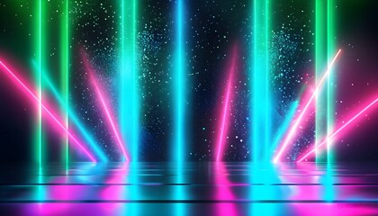 Wall Mural - Vibrant neon lights in green, blue, white, pink, and purple illuminating a glossy reflective stage in an abstract setting