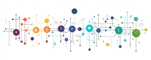 Aufkleber - Colorful graphic of a mind map with diverse icons representing communication, technology, and connection abstract network layout