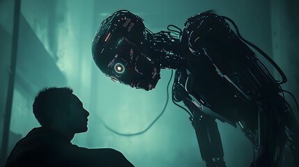 Poster - A robotic AI figure looming over a human in a dark room, glowing circuits visible under its skin, the scene filled with tension and fear.