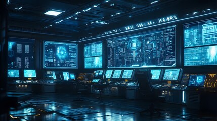 A photo of a futuristic control room with AI systems managing a crisis, the glowing screens and tense atmosphere creating both excitement and fear.