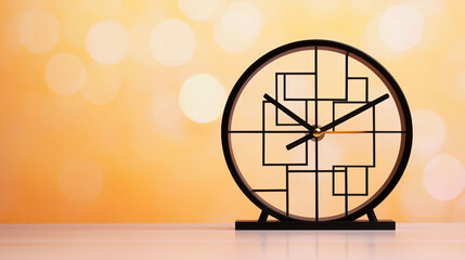 Poster - Minimalist clock with geometric design and hands, set against warm bokeh background, creates modern and stylish atmosphere. Perfect for contemporary decor