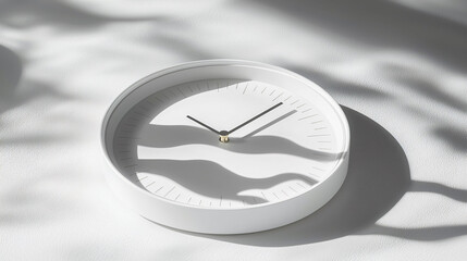 Poster - Minimalist white clock casting gentle shadow, symbolizing flow of time. Its sleek design and soft tones create serene atmosphere, perfect for modern decor