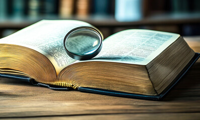 Wall Mural - Magnifying glass on an open book on a wooden table in a library with space for text. Close-up..