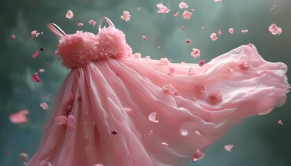 Wall Mural - Whimsical pink dress suspended in mid-air surrounded by a flurry of petals and flowers, infused with the delightful aroma of fabric softener