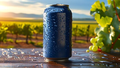 Elegant aluminum grape juice can adorned with water droplets, set against a picturesque vineyard backdrop for captivating product showcase