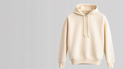 A stylish hooded sweatshirt hung by its drawstrings, showcasing soft cream color and comfortable design. Perfect for casual wear and layering in cooler weather