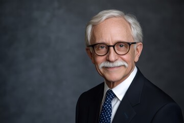 An older gentleman with a mustache and glasses is smiling warmly while dressed in a dark suit and spotted tie, creating a friendly atmosphere