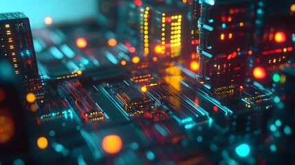 Poster - A photo of a miniature AI infrastructure model with glowing data cables and servers, creating a sense of excitement and innovation in machine learning.