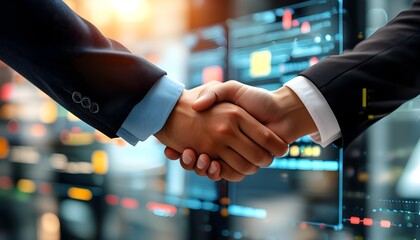 Dynamic handshake symbolizing partnership and investment in a high-tech business landscape