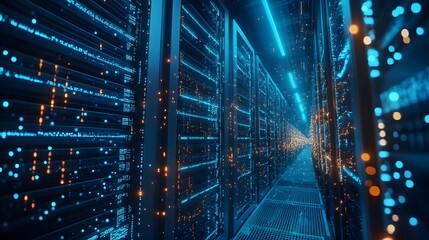 Poster - A diorama-style photo of a machine learning server farm, with glowing data streams connecting virtual machines, symbolizing the exciting innovation in AI technology.