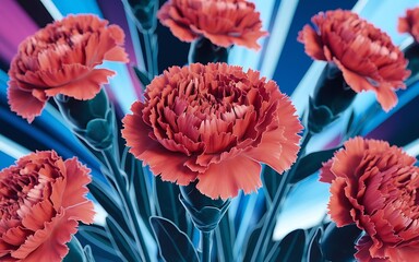 A bouquet of red carnations with a blue and pink striped background.