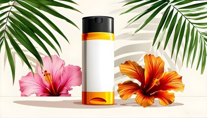 Wall Mural - Tropical-Inspired Sunscreen and Cosmetic Products on Minimalist Background