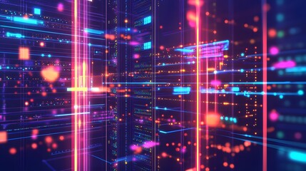 Poster - A detailed illustration of machine learning infrastructure with glowing data pipelines, server racks, and neural networks connected in an exciting web of innovation.