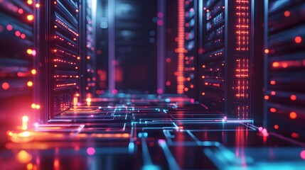 Poster - A high-tech photo of a miniature machine learning infrastructure, with glowing server nodes and flowing data cables representing the innovation driving AI.