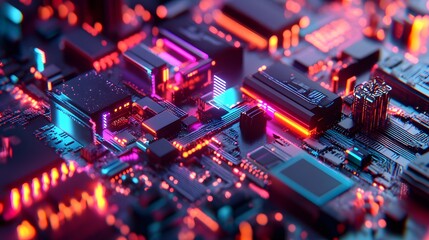 Poster - A futuristic, abstracted diorama showing interconnected machine learning hardware, glowing with vibrant colors and representing the excitement of technological advancement.