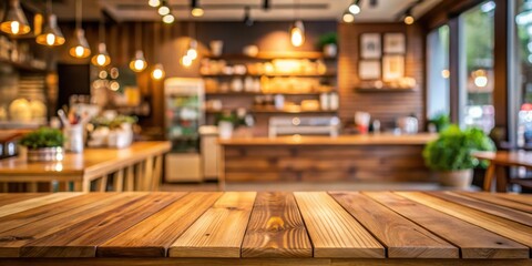 Poster - Empty wooden table in a coffee shop with blurred interior, perfect for product display