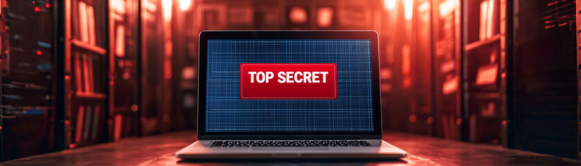 Poster - A closed laptop displays bold red TOP SECRET label, set against dimly lit background filled with shelves. atmosphere conveys sense of mystery and confidentiality