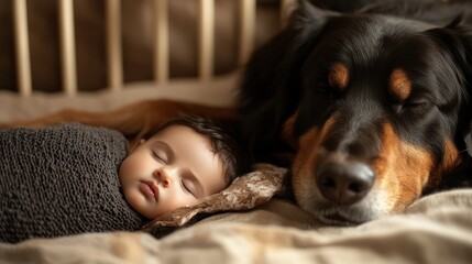 A pet dog resting beside a sleeping baby in a cozy crib capturing the soothing and calming presence of the pet that offers comfort and security. Stock Photo with copy space