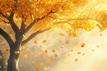 A vibrant autumn tree bursting with golden yellow leaves against a soft  diffuse light background