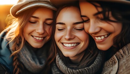 Sticker - Joyful friends basking in a warm sunset, highlighting a woman in a cap with a radiant smile, embodying happiness and relaxation