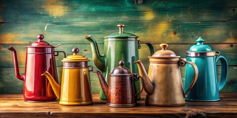 Vintage coffee pots in various styles and colors, with copy space for text or graphics