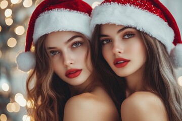 Wall Mural - Fashion Portrait of two beautiful young women in Santa Claus hats over Christmas background. Female Santa Claus. with generative ai