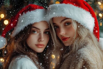 Wall Mural - Fashion Portrait of two beautiful young women in Santa Claus hats over Christmas background. Female Santa Claus. with generative ai