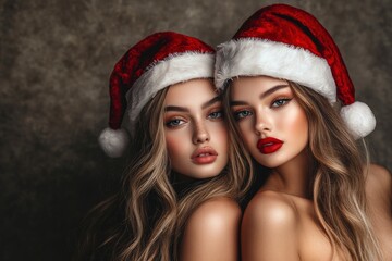 Wall Mural - Fashion Portrait of two beautiful young women in Santa Claus hats over Christmas background. Female Santa Claus. with generative ai